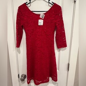 Lush NWT Red Floral Lace low back 3/4 Sleeve Mini Dress XS